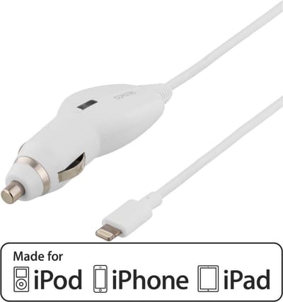 DELTACO USB-CAR72, Autolader met lightning aansluiting, 1A, MFi , 1,8 m spiraalkabel, wit
