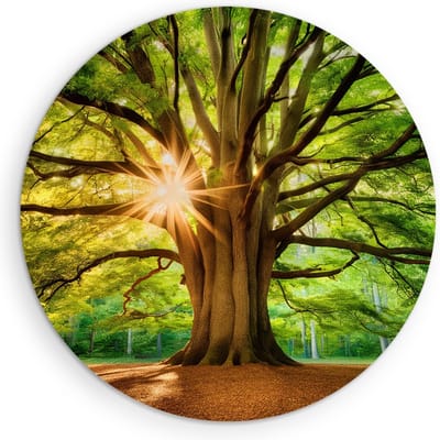 Saammp Muurcirkel Hout - Grote Boom met tijdens goldenhour - Natuur - Landschap - Ø 90 - Wandcirkel - Wanddecoratie Cirkel - Muurdecoratie Woonkamer - Slaapkamer decoratie - Rond Schilderij