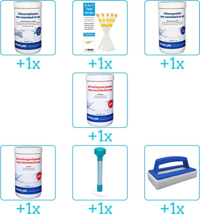 Zwembad Onderhoudspakket - Onderhoud Zwembad - bevat Chloor - Testrips - Chloor - PH-min - PH-plus - Thermometer en Scrubborstel (7-delig)
