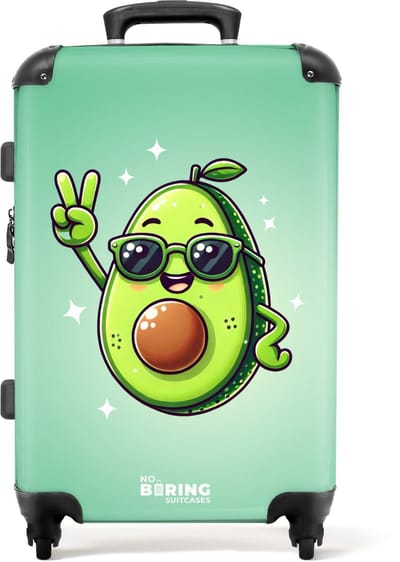 NoBoringSuitcases.com® - Kinderkoffer groot - Kindertrolley koffer - Avocado - Gezicht - Groen - Rolkoffer lichtgewicht - Reiskoffer met 4 wielen - Grote trolley XL - 20 kg bagage