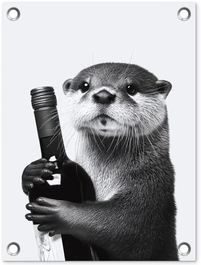 Tuinposter 30x40 cm - Tuindecoratie Wijnfles - Otter - Zwart - Poster voor in de tuin - Buiten decoratie - Schutting tuinschilderij - Tuindoek muurdecoratie - Wanddecoratie balkondoek