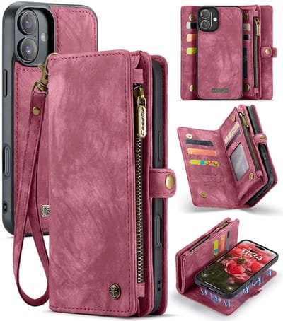 CaseMe Hoesje - Geschikt voor iPhone 16 Hoesje - CaseMe 008 2-in-1 Book Case & Back Cover met Portemonnee - Pink