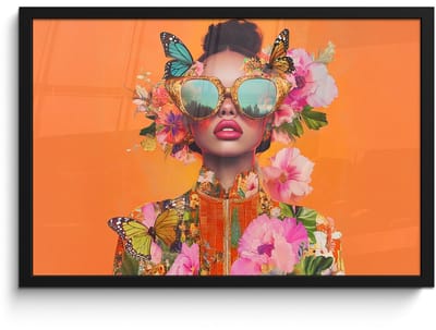 Poster in lijst - Fotolijst 60x40 cm - Posters - Vlinders - Vrouw - Zonnebril - Kleurrijk - Posterlijst zwart - Decoratie - Wanddecoratie woonkamer - Muurdecoratie slaapkamer