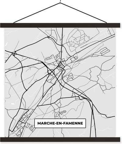 Posterhanger incl. Poster 60x60 cm - Schoolplaat - België – Marche en Famenne – Stadskaart – Kaart – Zwart Wit – Plattegrond - Textielposter - Zwarte latten - Stadskaart