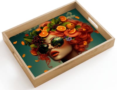 Dienblad hout 40x30 cm - Schootdienblad - Vrouw - Sinaasappel - Bessen - Oranje - Borrelplank rechthoek - Plateau dienbladen