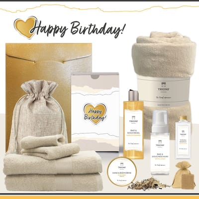 Geschenkset “Happy Birthday!” - 11 producten - 1660 gram | Triomf Original Geel - Giftset voor haar Cadeau Valentijnsdag Luxe wellness cadeaubox Vrouw Ik hou van jou Cadeaupakket Kerst Geschenk Moeder Verjaardag Gift Set Valentijn Vriendin Crème