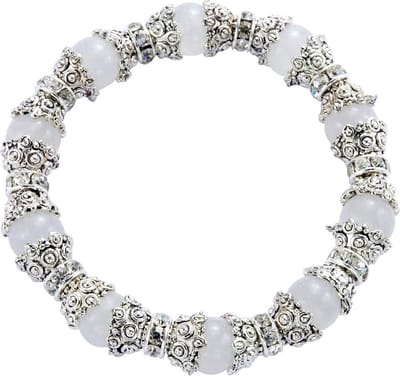 Behave - Armband - Elastische armband metaal met wit grijze opaal natuursteen kralen - 10mm, polsomtrek 16cm