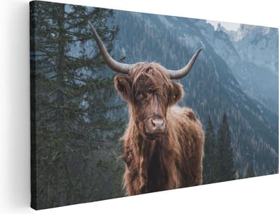 Artaza Canvas Schilderij Schotse Hooglander - 40x20 cm - Klein - Wanddecoratie Woonkamer - Muurdecoratie Berglandschap - Schilderijen Op Canvas