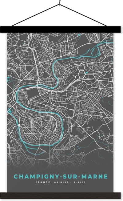 Posterhanger incl. Poster 40x60 cm - Schoolplaat - Frankrijk - Kaart - Stadskaart - Plattegrond - Champigny-sur-Marne - Textielposter - Zwarte latten - Stadskaart