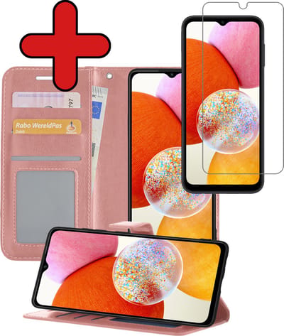 Hoesje - Met Screenprotector - Geschikt voor Samsung Galaxy A14 - Luxe Pasjeshouder - Flipcase - Bookcase Portemonee - Flip Case - Kunstleer Book Case - Book Cover - Walletcase - Portemonneehoes - Telefoonhoes - Rosé goud