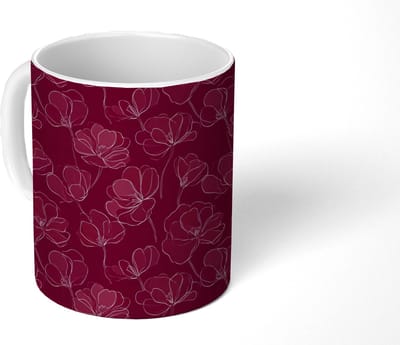 Mok - Koffiemok - Bloemen - Patroon - Bordeauxrood - Mokken - 350 ML - Beker - Koffiemokken - Theemok