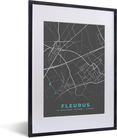 Fotolijst incl. Poster - Plattegrond – Fleurus – Blauw – Stadskaart - Kaart - België - 30x40 cm - Posterlijst