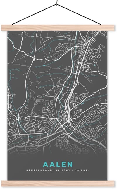 Posterhanger incl. Poster 60x90 cm - Schoolplaat - Stadskaart – Aalen – Duitsland – Plattegrond – Kaart - Textielposter - Blanke latten - Stadskaart