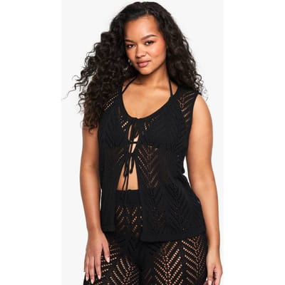 boohoo Dames Plus Beach Gebreide Top Met Bandknoop Front | Black | Maat: 22