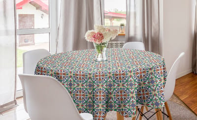 ABAKUHAUS geometrisch rond tafelkleed, Spaans ornament, cirkelvormige tafelkleed voor keukendecoratie in de eetkamer, 150 cm, roodblauw