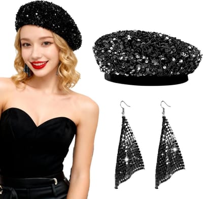 Shiny Sequin Hoed met Oorbellen voor 70s Disco Kostuum | Perfecte Accessoires voor Themafeesten en Retro Feestjes