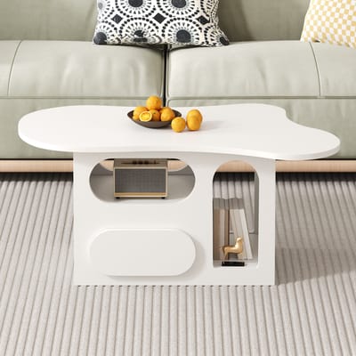 MODFU Salontafel 97×45×43,5 cm – Wolkvormig design met lades & open vakken – Opbergruimte & 80 kg draagvermogen – Compact – Spaanplaat – Wit