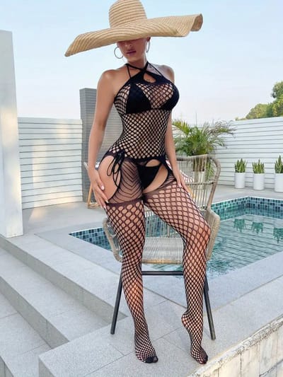 LekkerStout Visnet Bodysuit - Zwart - Open Kruis - Sexy Lingerie | S/L | ( LS036 )