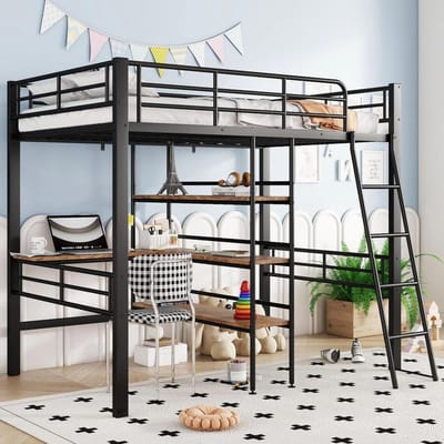 KOMHTOM Hoogslaper stapelbed 90x200 cm Bed met bureau Meerdere planken Leuning Ladder IJzeren frame Zwart