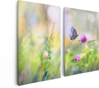 Artaza Canvas Schilderij Tweeluik Blauwe Vlinder Bij Een Paarse Bloem - 80x60 - Foto Op Canvas - Canvas Print