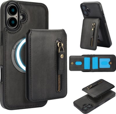 Stravo Leather Hoesje Case – Wallet Leer & Leren Cover – Geschikt voor iPhone 16 – Leren Leather Portemonneehoes met Kaarthouder – 2-in-1 Afneembare PU Leren Flip Case met RFID-bescherming, Kickstand, MagSafe – Zwart