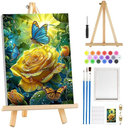 Dailygoods- Schilderen op Nummer - Voor volwassenen beginners met frame - Rozenlandschap - Doe-het-zelf schilderkit - Inclusief ezel - Voorbedrukt canvas - Verfset