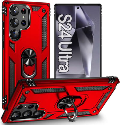 Hoesje Geschikt voor Samsung Galaxy S24 Ultra hoesje Rood Hybrid Armor Anti-Shock hoesje - Galaxy S24 Ultra 5G Hoesje kickstand Ring houder cover TPU backcover hoesje