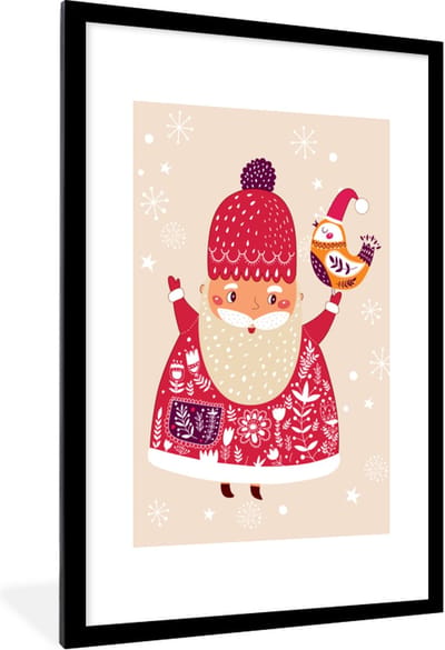 Fotolijst incl. Poster - Kerst - Vogel - Sneeuw - Kerstman - Winter - 60x90 cm - Posterlijst - Kerstmis Decoratie - Kerstversiering - Kerstdecoratie Woonkamer - Kerstversiering - Kerstdecoratie voor binnen - Kerstmis