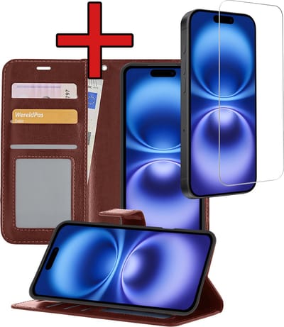 Hoesje - Met Screenprotector - Geschikt voor Apple iPhone 16 - Luxe Pasjeshouder - Flipcase - Bookcase Portemonee - Flip Case - Kunstleer Book Case - Book Cover - Walletcase - Portemonneehoes - Telefoonhoes - Bruin