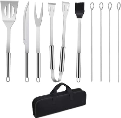 Grillbestek BBQ grillaccessoires, 9 stuks grill-gereedschapsset roestvrij staal barbecue-gebruiksvoorwerpen, BBQ grillen kookgereedschap kit-schraper, kwast, vleesmes, spiesen accessoires voor outdoor gezinnen tuinfeest