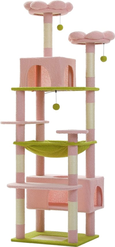 Kattenu MeowMansion - Grote Krabpaal Voor Grote Katten - Grote Krabpaal XXL katten - Roze/groen - 184 cm hoog