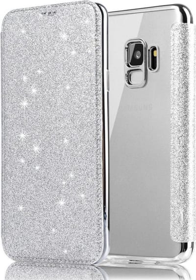 Geschikt voor Samsung Galaxy S9 Flip Case - Zilver - Glitter - PU leer - Soft TPU - Folio
