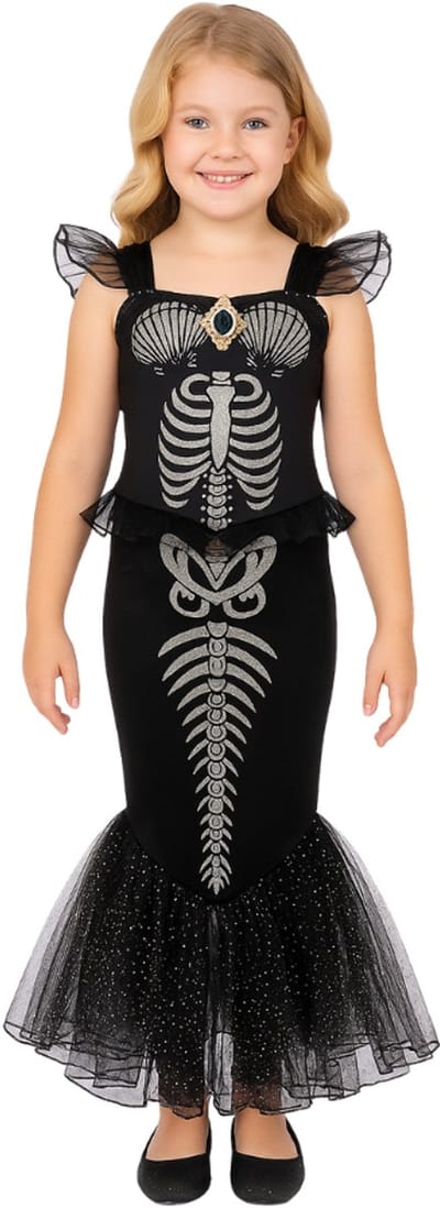 Joya Kids® | Halloween Mermaid jurk meisje | Verkleedjurk skelet zeemeermin | Zwart met tule & glitter | Meisjes kostuum carnaval verkleedkleding | Maat 110