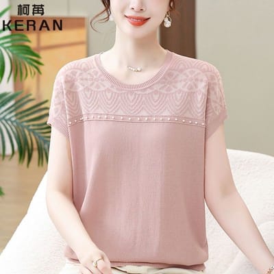 Zomerkleding Imitatie IJszijde T-shirt met Korte Mouwen Top, Modieuze Gebreide Trui voor Dames 3XL roze