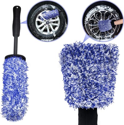 2-delige set autowielenborstels - Wielborstel met lange steel - Machinewasbaar, pluisvrij, absorberende detailreinigingshandschoen - Sterk absorberende wielborstel - Past op de meeste auto's, vrachtwagens en motoren - Blauw, zwart