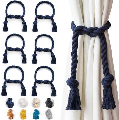 Gordijn Hangers - Gordijnkoorden Gordijnknopen - Gordijnen Ophangen - Natuurlijk Katoen Handgemaakt - 6 stuks 84 cm - Marineblauw