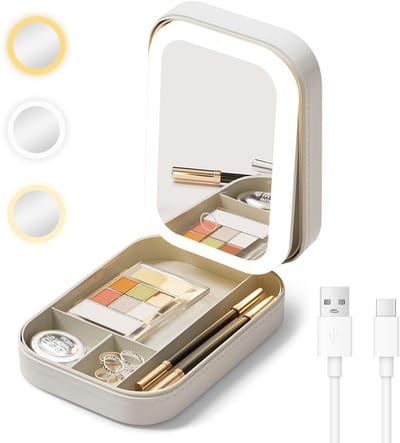 Make-upspiegel met verlichting, verlichte reisspiegel met sieradenorganizer, 3 kleuren lichtmodi, dimbaar touchscreen, USB-oplaadbaar, ideaal voor slaapkamer, kaptafel, badkamer, wit