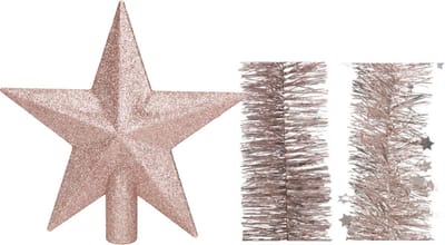 Kerstversiering kunststof glitter ster piek 19 cm en folieslingers pakket lichtroze van 3x stuks - Kerstboomversiering