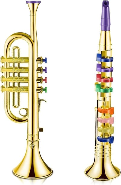 Muziekinstrumenten Trompet Saxofoon - Speelgoed blaasinstrumenten - Muziek leren spelen - Gekleurde toetsen met bladmuziek - 43 cm lang - Goud