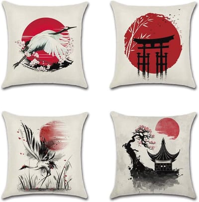 Set van 4 Japanse stijl kussenslopen met rode zon en inktverf, decoratieve kussenhoezen voor sofa, slaapkamer en buitengebruik, 45x45cm