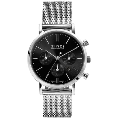 ZINZI horloge CHRONOGRAPH 34mm zwarte wijzerplaat met datum en chronometers, stalen kast, stalen mesh band 18mm ZIW1501