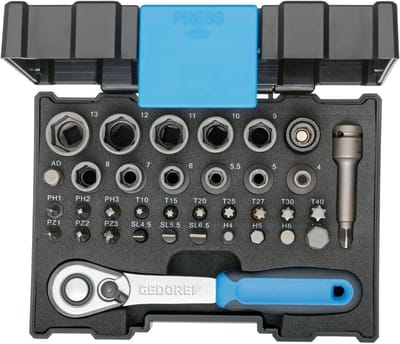 Dopsleutelset 1/4 inch - Ratelsleutel set - Monteren en demonteren - Chroom-vanadiumstaal - 35-delig - Blauw/zilver