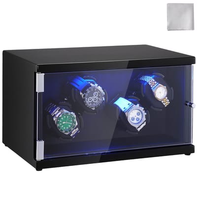 Horlogeopwinder voor 4 Automatische Horloges voor Mannen en Vrouwen，met 2 Superstille Japanse Mabuchi-Motoren, Blauw Led-Lampje en Adapter，Behuizing van Plaat met Hoge Dichtheid en Zwart Pu