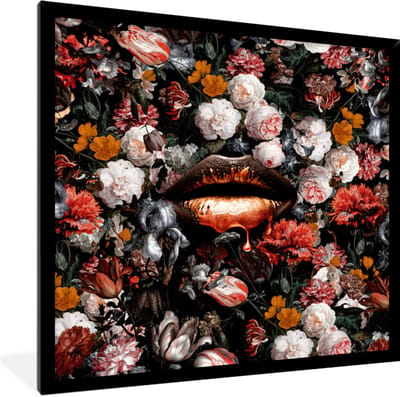 Fotolijst incl. Poster - Lippen - Bloemen - Verf - Oranje - Kunst - Abstract - Oude meesters - 40x40 cm - Posterlijst