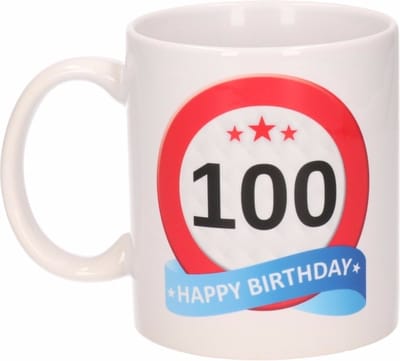 Beallatio Decorations - 100 jaar Verjaardag koffiemok - cadeau beker - stopbord print met happy birthday - 300 ml - keramiek - wit