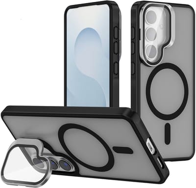 Casemania Hoesje Geschikt voor Samsung Galaxy S26 - Zwart - Magnetische Bumper Hoesje met Camera Shield Kickstand Telefoonhoesje met Camera Bescherming Geschikt voor MagSafe
