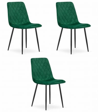 Set van 3 Eetkamerstoelen TURIN Groen – Velvet Bekleding, Modern, Ergonomisch Design, Zwarte Metalen Poten, Max. 120 kg