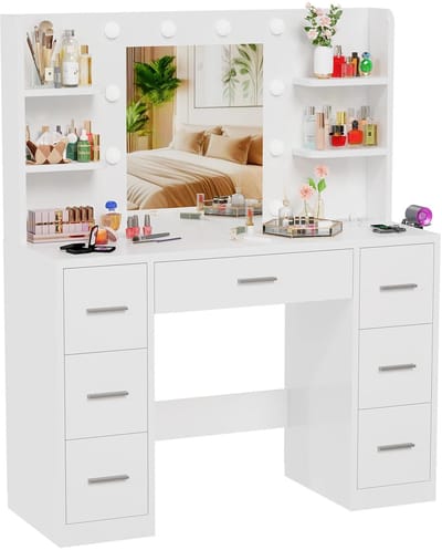 Noriva Make Up Organizer - Kaptafel Met Spiegel En LED Verlichting - Glamstation - 7 Laden - Met Föhn Houder - 110x40x137 cm