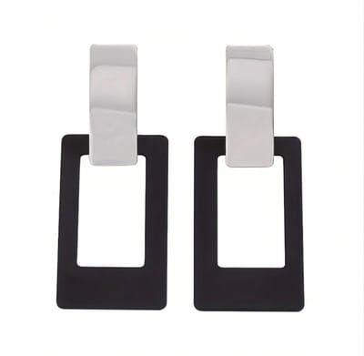 Zwart zilverkleurige oorclips dames geometrische oorbellen piercingvrij rechthoekig opengewerkt design metalen clip oorbellen colorblock stijl minimalistische statement oorbellen