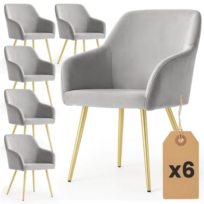 Set van 6 Eetkamerstoelen ESTELLE met Armleuningen / Gestoffeerde Stoelen / Fluwelen Stoelen en Metalen Poten / Grijs met gouden benen